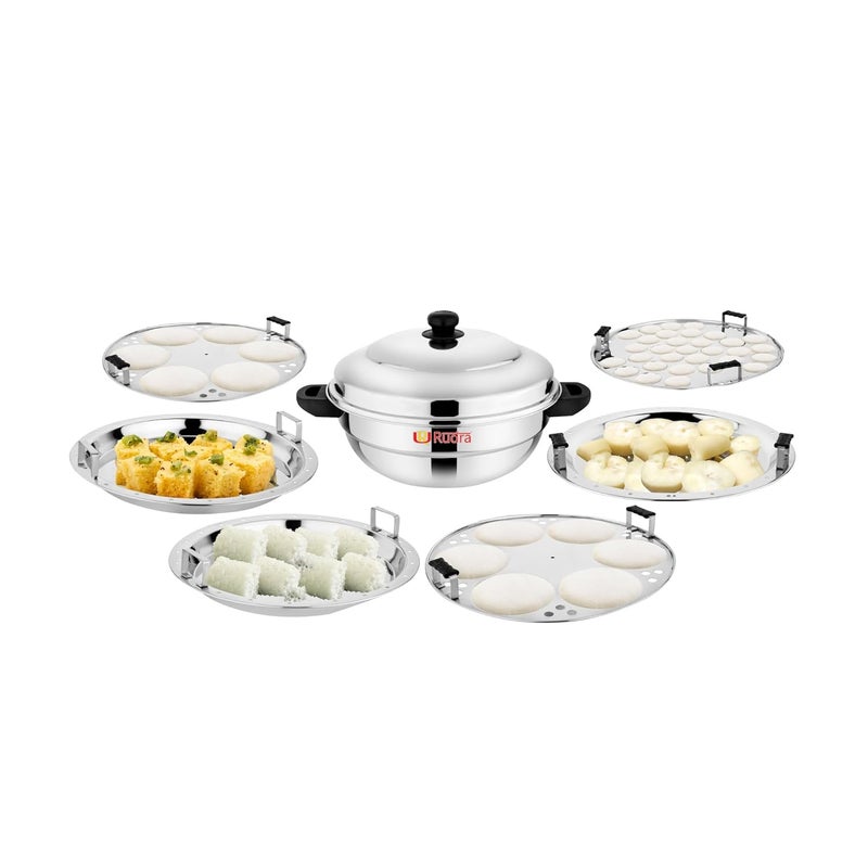 Rudra Stainless Steel Induction Base Multi Purpose Kadai with Plain Bottom with Steel Lid and 2 idli Maker Plates 1 momo Plate 2 Steamer and 1 Mini idli Plate Capacity 12 12P - Image 1