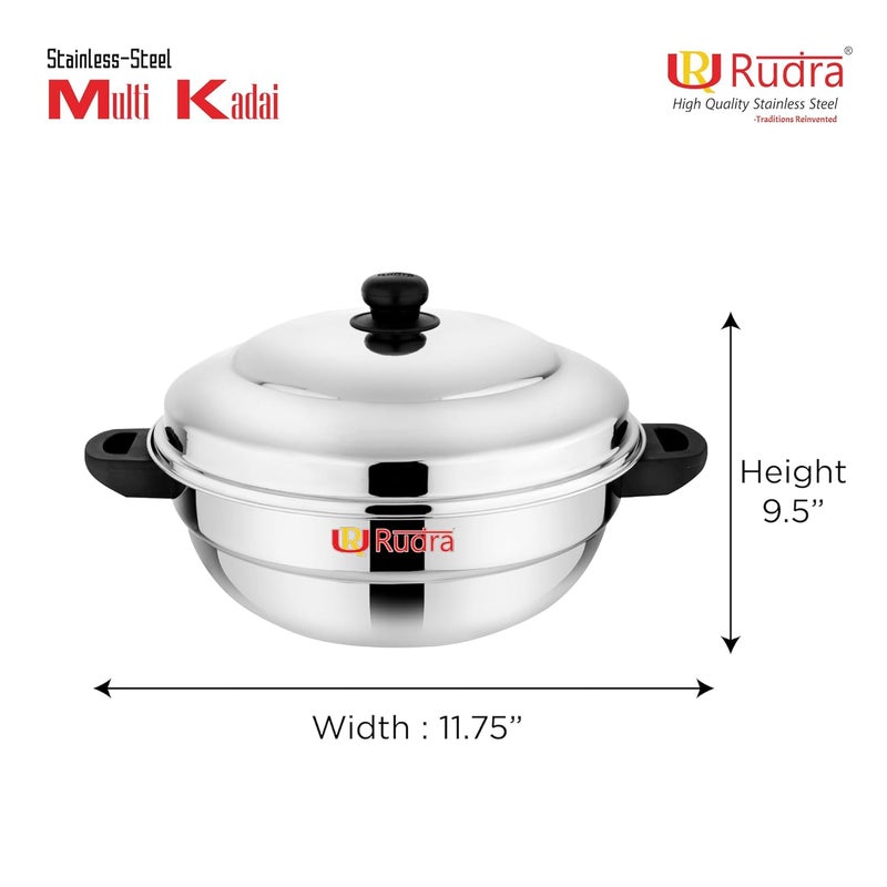 Rudra Stainless Steel Induction Base Multi Purpose Kadai with Plain Bottom with Steel Lid and 2 idli Maker Plates 1 momo Plate 2 Steamer and 1 Mini idli Plate Capacity 12 12P - Image 2