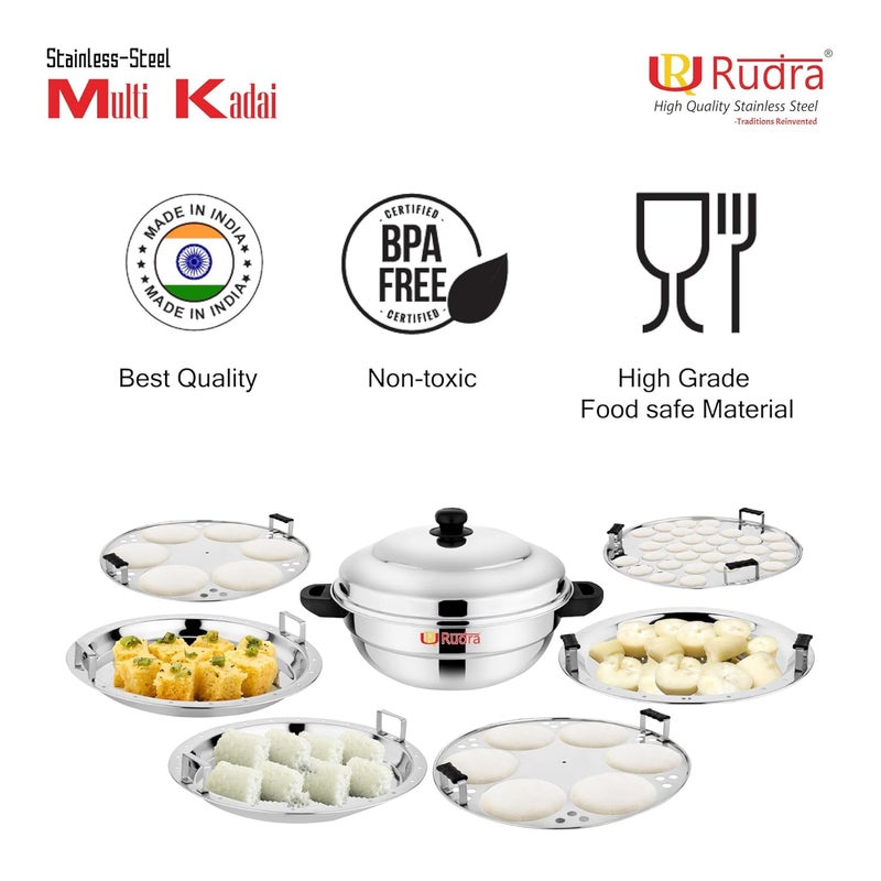 Rudra Stainless Steel Induction Base Multi Purpose Kadai with Plain Bottom with Steel Lid and 2 idli Maker Plates 1 momo Plate 2 Steamer and 1 Mini idli Plate Capacity 12 12P - Image 4