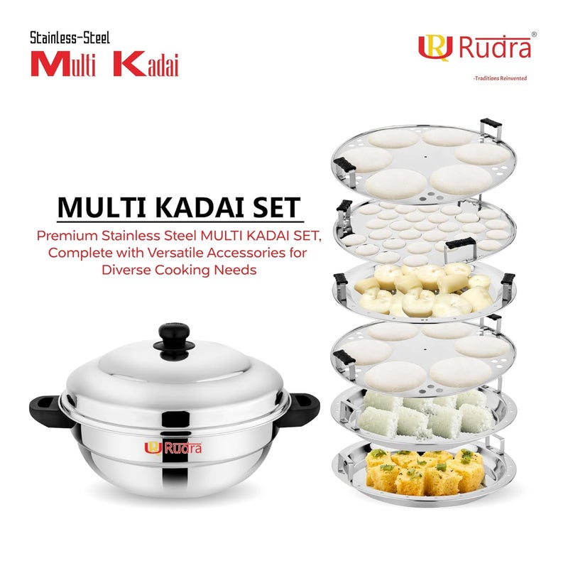 Rudra Stainless Steel Induction Base Multi Purpose Kadai with Plain Bottom with Steel Lid and 2 idli Maker Plates 1 momo Plate 2 Steamer and 1 Mini idli Plate Capacity 12 12P - Image 3