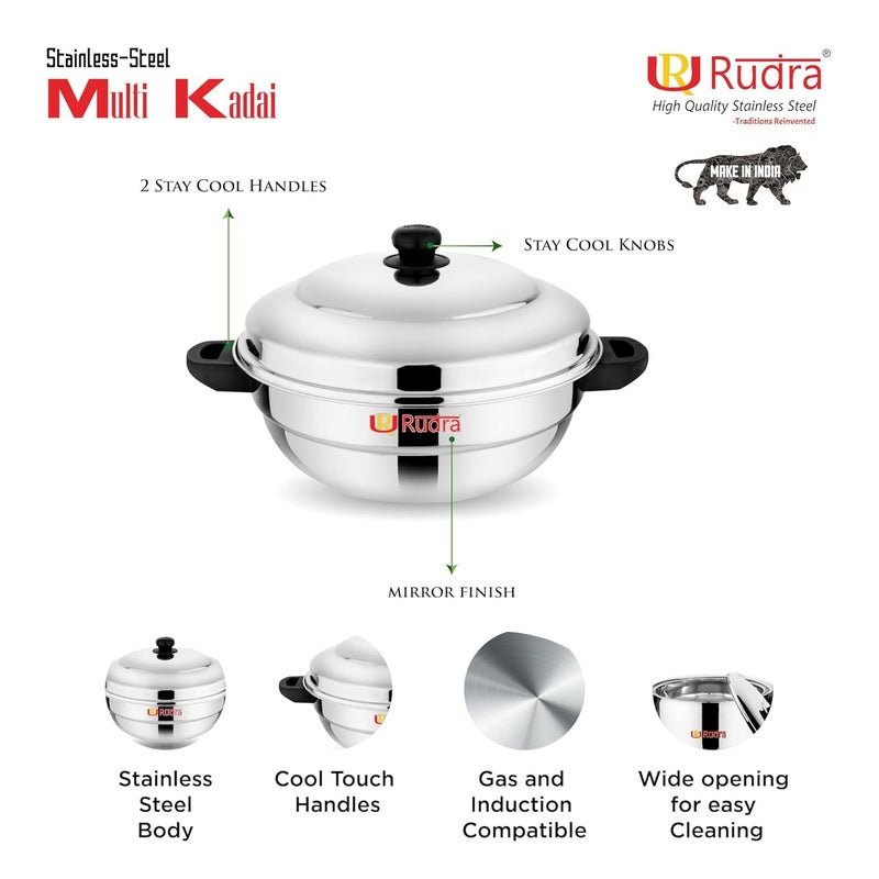 Rudra Stainless Steel Induction Base Multi Purpose Kadai with Plain Bottom with Steel Lid and 2 idli Maker Plates 1 momo Plate 2 Steamer and 1 Mini idli Plate Capacity 12 12P - Image 5
