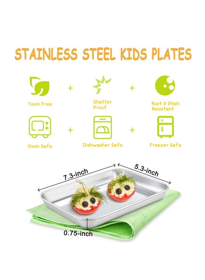 E-far E-far Stainless Steel Kids Plates, 4 Pieces Mini Metal Dinner Dish Set for Kids Toddler Child, 7.3” x 5.3” x 0.75”, Non-Toxic & Dishwasher Safe, Great for Self-Feeding/Picnic/Outdoor Camping - Image 2