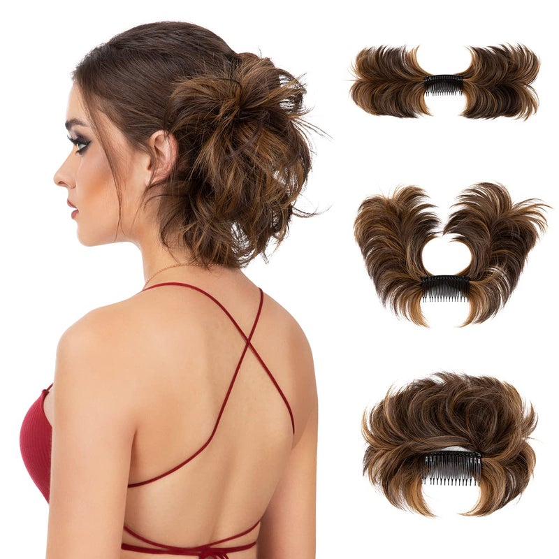 YOUNGWAYS Messy Bun Hair Piece Side Comb Clip in Hair Bun Hairpiece for Women Short Natural Straight Versatile Adjustable Styles Easy Hair pieces Iced MochaS