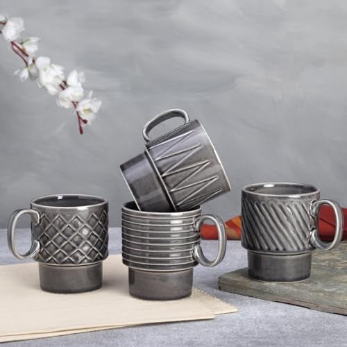 Bodhi House Stackable Ceramic Cups Set of 4 Pieces (150 ml), Small Coffee, Espresso Mugs with Glossy Finish, Microwave and Dishwasher Safe Chai Serving Cups, Ideal for Gifting, Ash Grey - Image 3