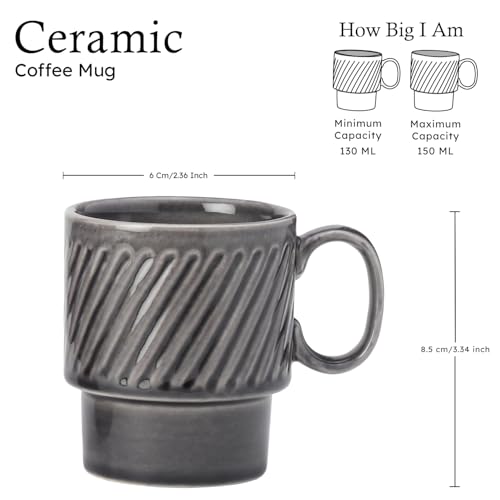 Bodhi House Stackable Ceramic Cups Set of 4 Pieces (150 ml), Small Coffee, Espresso Mugs with Glossy Finish, Microwave and Dishwasher Safe Chai Serving Cups, Ideal for Gifting, Ash Grey - Image 2