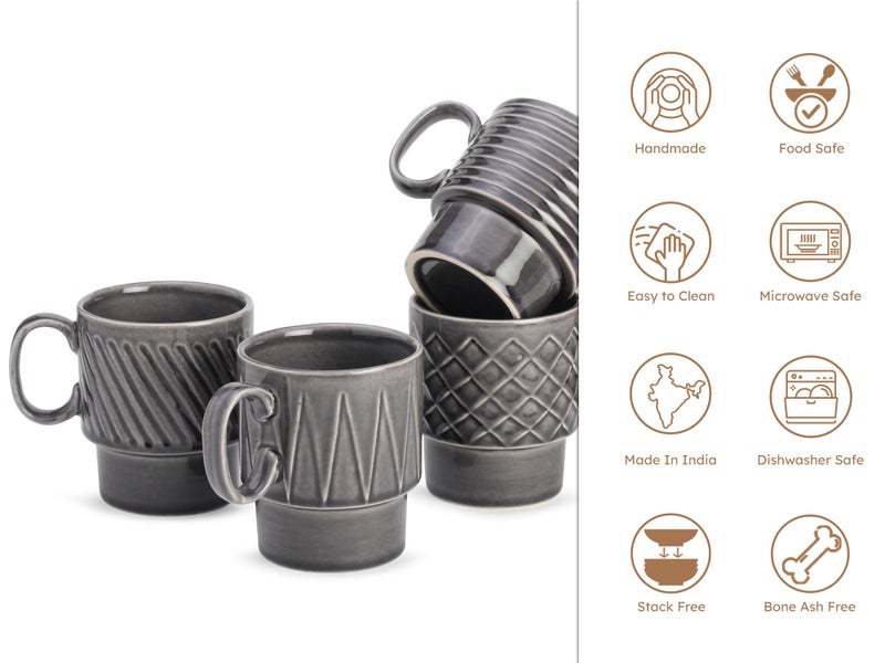 Bodhi House Stackable Ceramic Cups Set of 4 Pieces (150 ml), Small Coffee, Espresso Mugs with Glossy Finish, Microwave and Dishwasher Safe Chai Serving Cups, Ideal for Gifting, Ash Grey - Image 4
