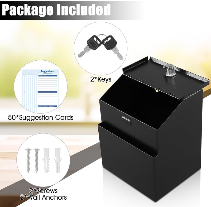 KYODOLED Suggestion Box with Lock and 50 Free Suggestion Cards, Metal Wall Mounted Ballot, Donation and Collection Key Drop Box with Slot & 2 Keys, 8H x 5.7W x 7L Inch, Black - Image 3