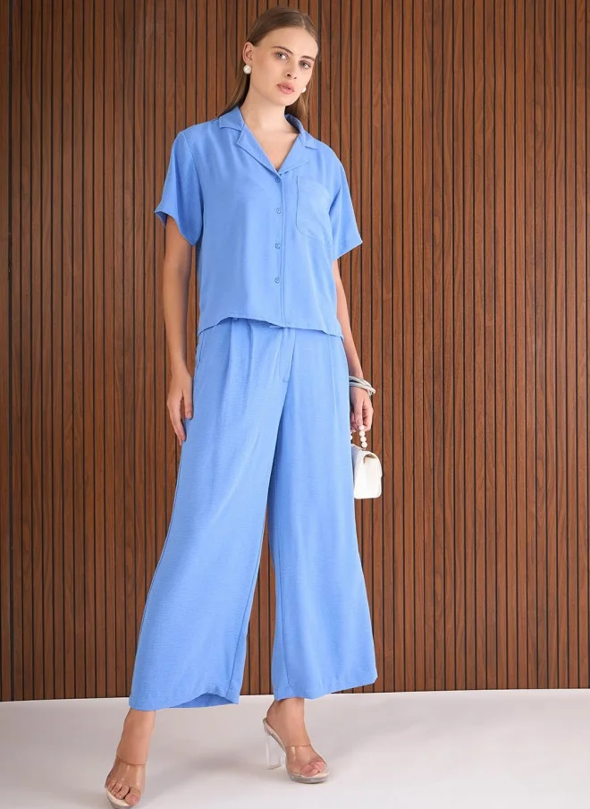 SASSAFRAS Blue Notched Collared Shirt And Trousers Co-Ords For Women
