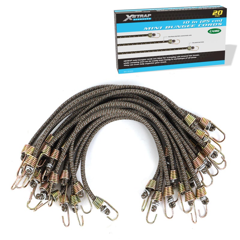 XSTRAP STANDARD 20 Pack Mini Bungee Cords with Hooks 10 Inch Rubber Stretchy Bungee Cords for Camping Tools Tarp Covers Canvas Canopies and Cargo Camouflage Hang Christmas Ornaments