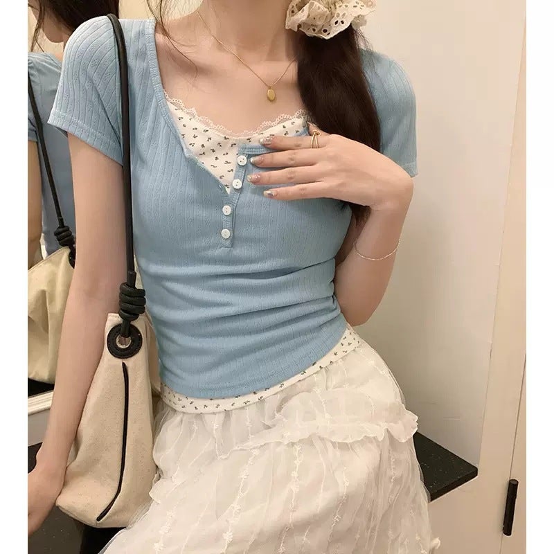 Floral Lace Edge Short-Sleeved T-Shirt For Women Spring And Design Half-Open Collar Pure Girl Bm Fake Two-Piece Top - Image 1
