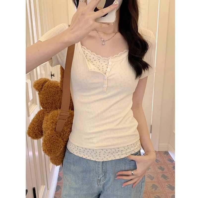 Floral Lace Edge Short-Sleeved T-Shirt For Women Spring And Design Half-Open Collar Pure Girl Bm Fake Two-Piece Top - Image 2
