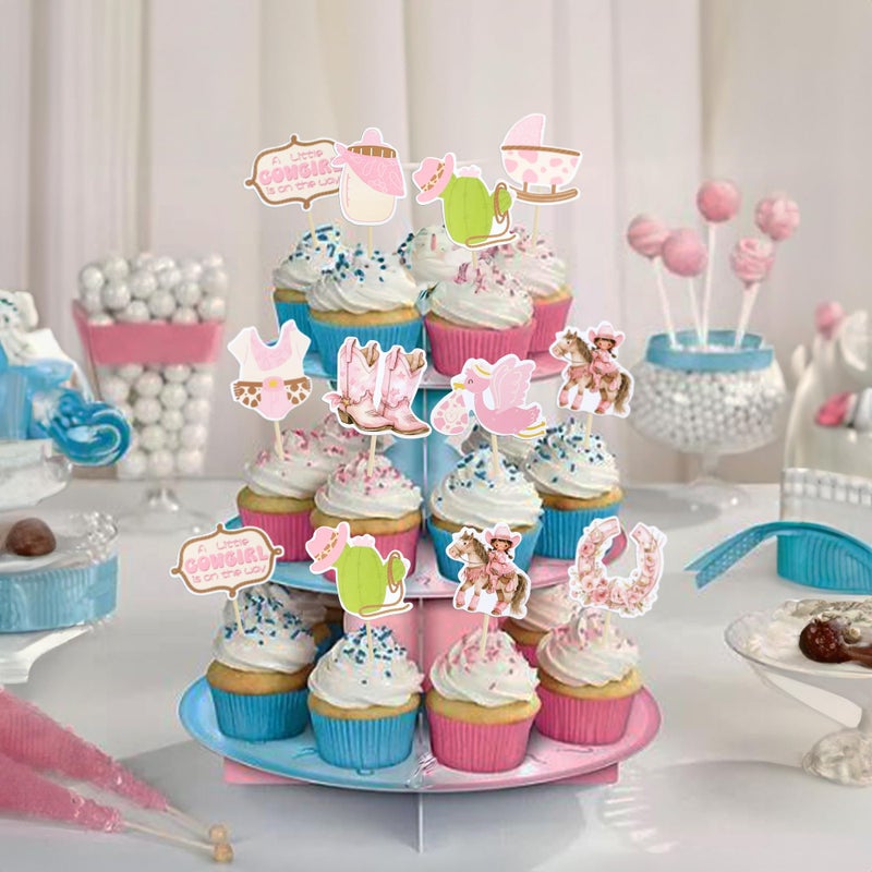 Ephlyn 36Pcs A little Cowgirl is On The Way Cupcake Toppers Cowgirl Riding HorseShoe Cowgirl Hats Western Theme Happy Birthday Baby Shower Party Cake Decorations Supplies Pink - Image 4