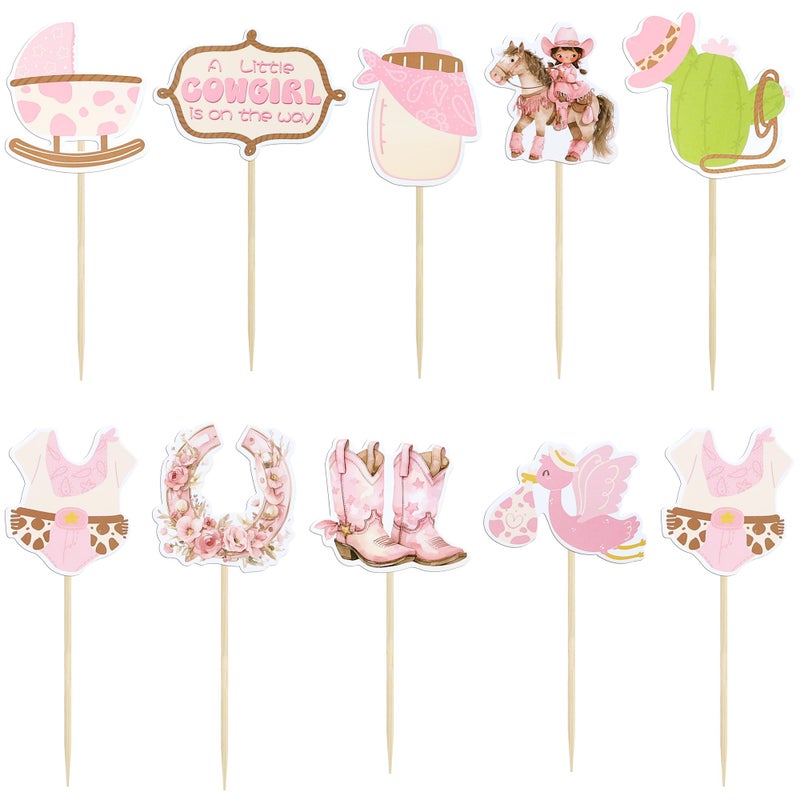 Ephlyn 36Pcs A little Cowgirl is On The Way Cupcake Toppers Cowgirl Riding HorseShoe Cowgirl Hats Western Theme Happy Birthday Baby Shower Party Cake Decorations Supplies Pink - Image 3