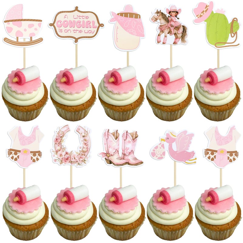 Ephlyn 36Pcs A little Cowgirl is On The Way Cupcake Toppers Cowgirl Riding HorseShoe Cowgirl Hats Western Theme Happy Birthday Baby Shower Party Cake Decorations Supplies Pink - Image 1