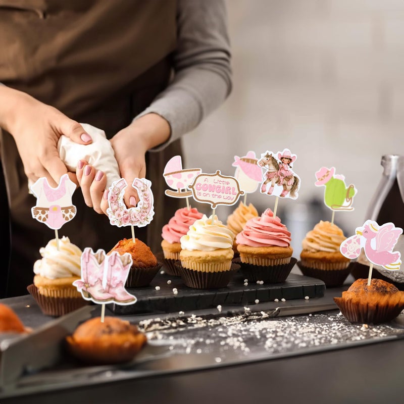 Ephlyn 36Pcs A little Cowgirl is On The Way Cupcake Toppers Cowgirl Riding HorseShoe Cowgirl Hats Western Theme Happy Birthday Baby Shower Party Cake Decorations Supplies Pink - Image 5