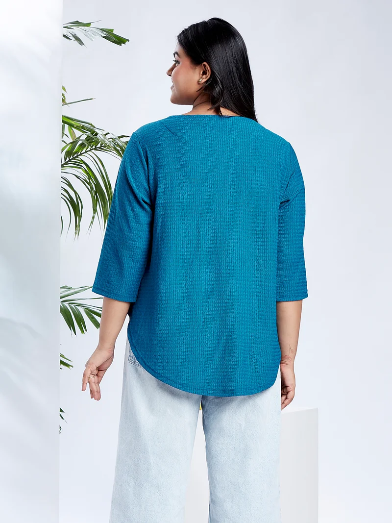 جلو باص Gloplus Women Blue V-Neck Self Design Curved Hem Plus Size Workwear Top