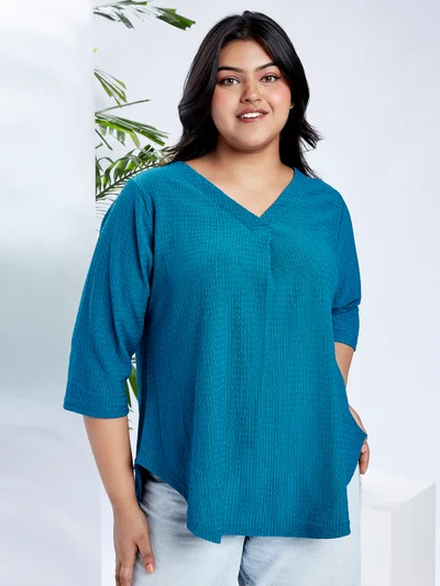 جلو باص Gloplus Women Blue V-Neck Self Design Curved Hem Plus Size Workwear Top