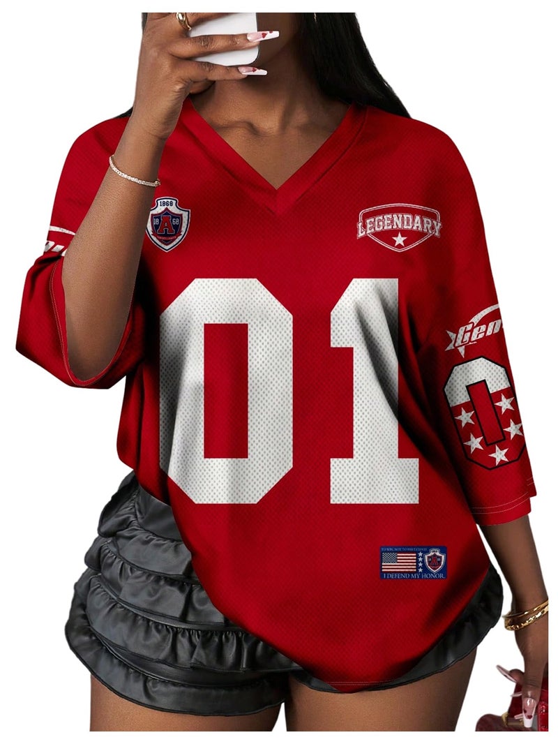 WDIRARA Women's Oversized Jersey Shirts Number Graphic Tee V Neck Half Sleeve T-Shirt Tops Red Large - Image 1