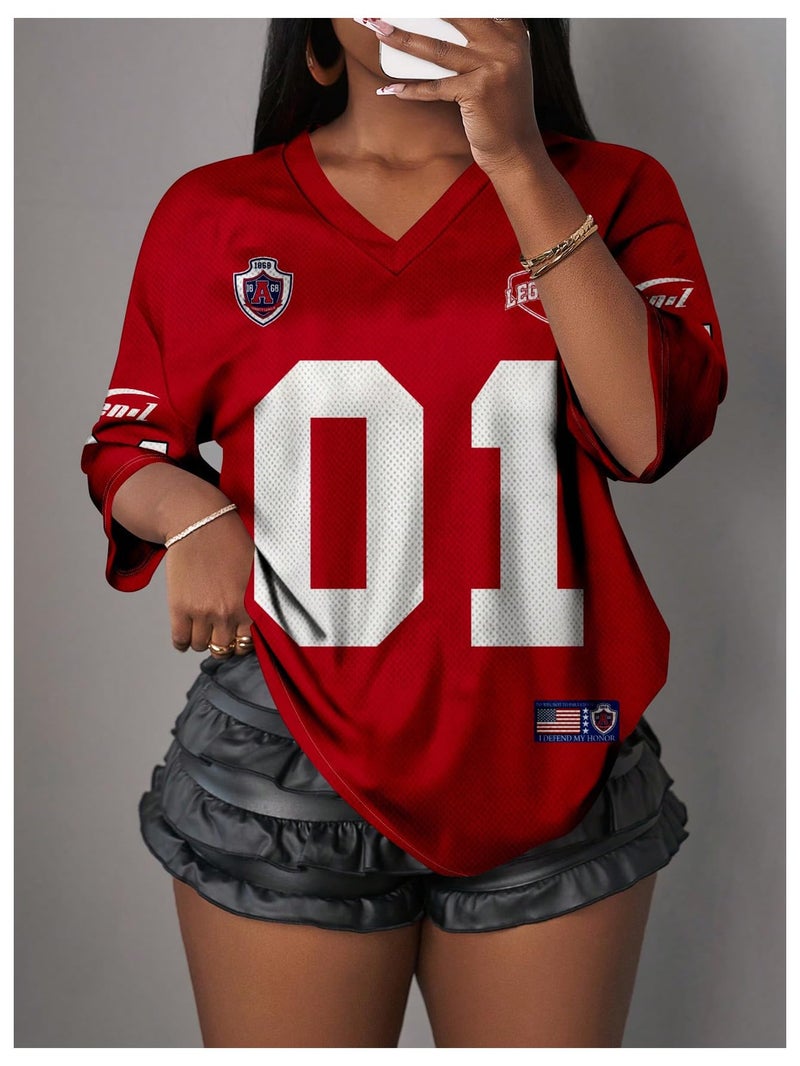 WDIRARA Women's Oversized Jersey Shirts Number Graphic Tee V Neck Half Sleeve T-Shirt Tops Red Large - Image 3