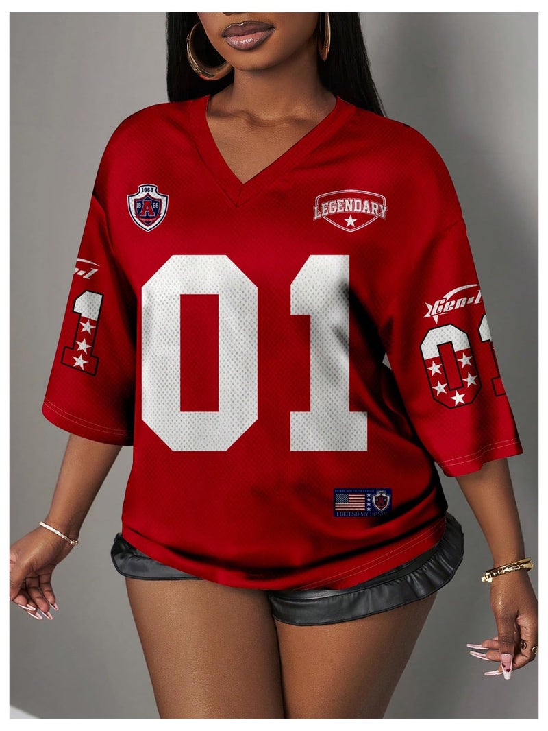 WDIRARA Women's Oversized Jersey Shirts Number Graphic Tee V Neck Half Sleeve T-Shirt Tops Red Large - Image 4