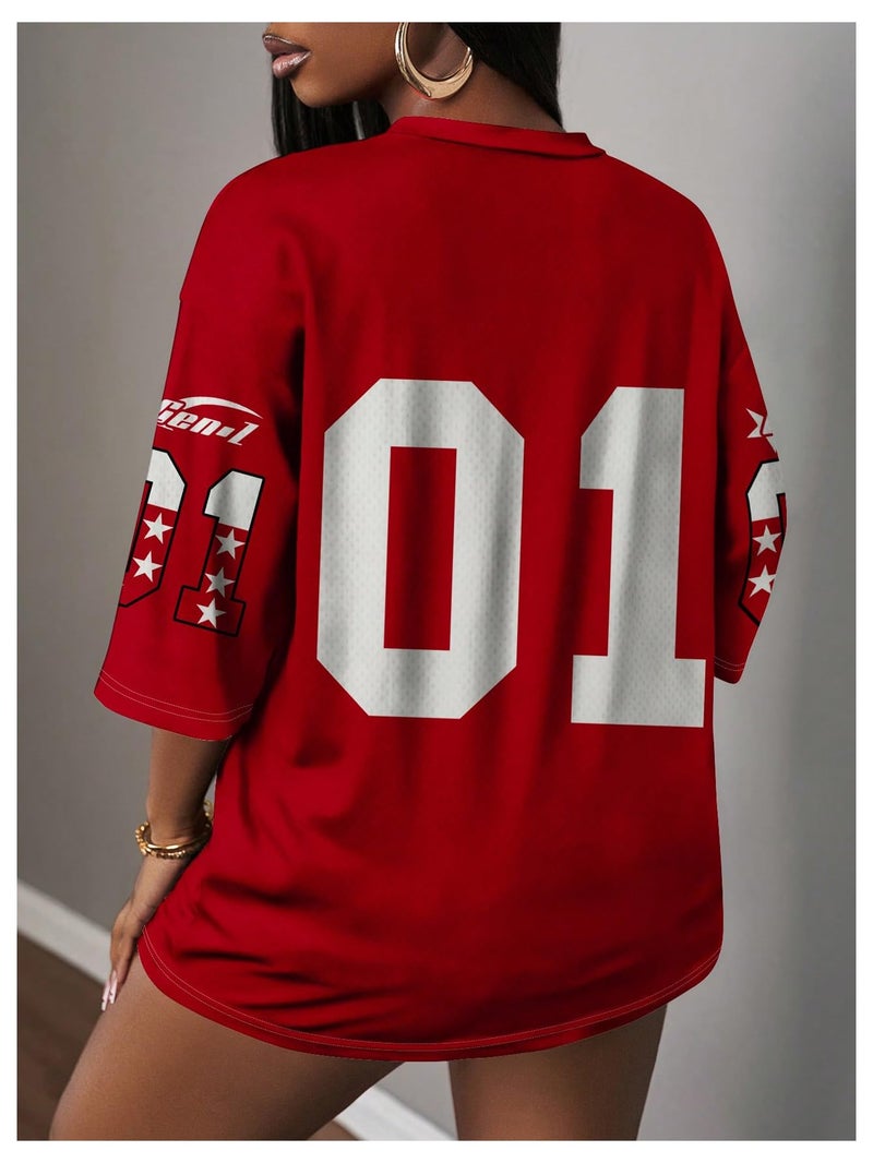 WDIRARA Women's Oversized Jersey Shirts Number Graphic Tee V Neck Half Sleeve T-Shirt Tops Red Large - Image 2