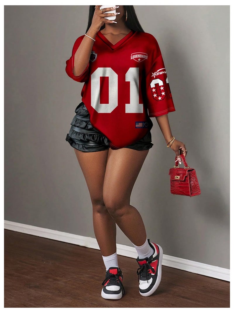 WDIRARA Women's Oversized Jersey Shirts Number Graphic Tee V Neck Half Sleeve T-Shirt Tops Red Large - Image 5