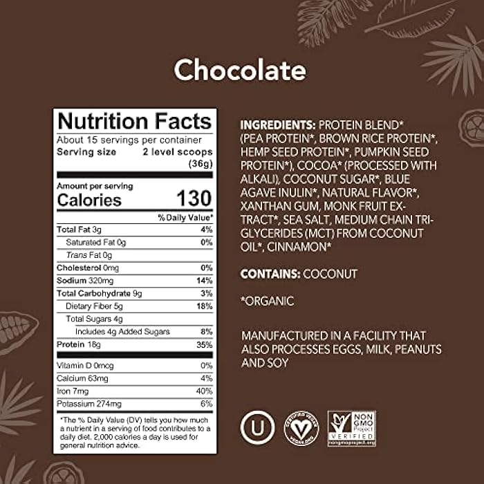 ALOHA Organic Plant Based Protein Powder, Stevia Free, Chocolate, 19.6 oz, 15 Servings - Image 2