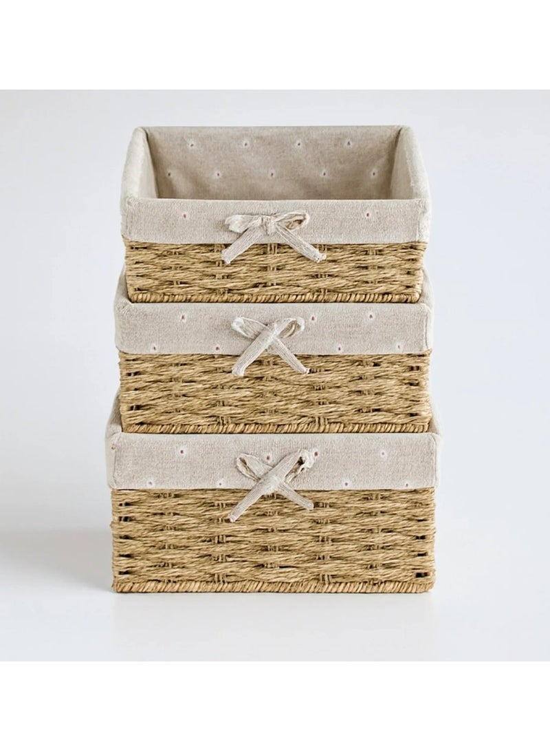 طقم سلال من القش المنسوج من3 قطع مع بطانة من القماش - تصميم ريفي أنيق - Image 3