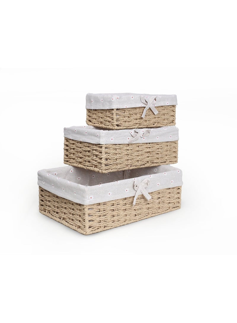 طقم سلال من القش المنسوج من3 قطع مع بطانة من القماش - تصميم ريفي أنيق - Image 1