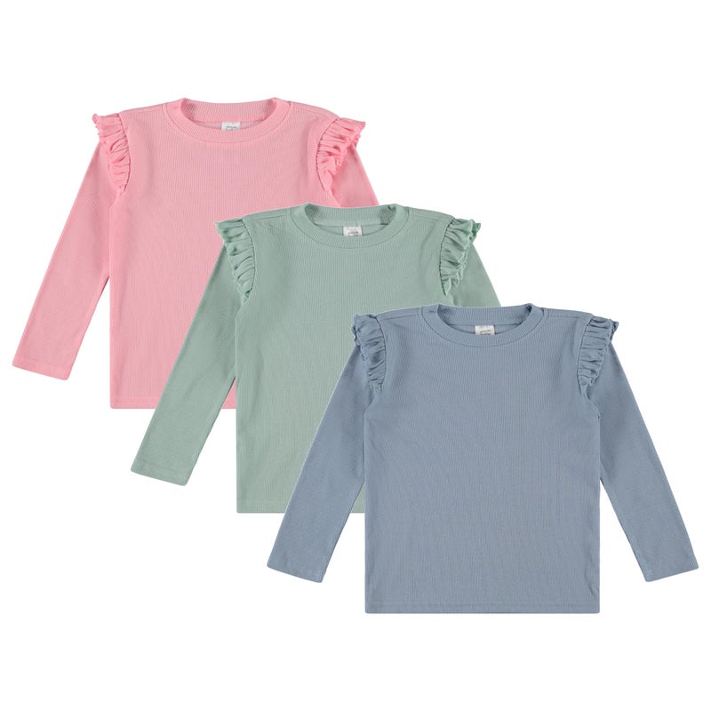 Cudlie 3-Pack Toddler Girls Ribbed Ruffle Tops â€“ Stylish Long Sleeve Shirts for Kids â€“All-Day Comfort-Almond Blossom, Blue Fog, Cameo Green â€“ Size 18 Months - Image 1