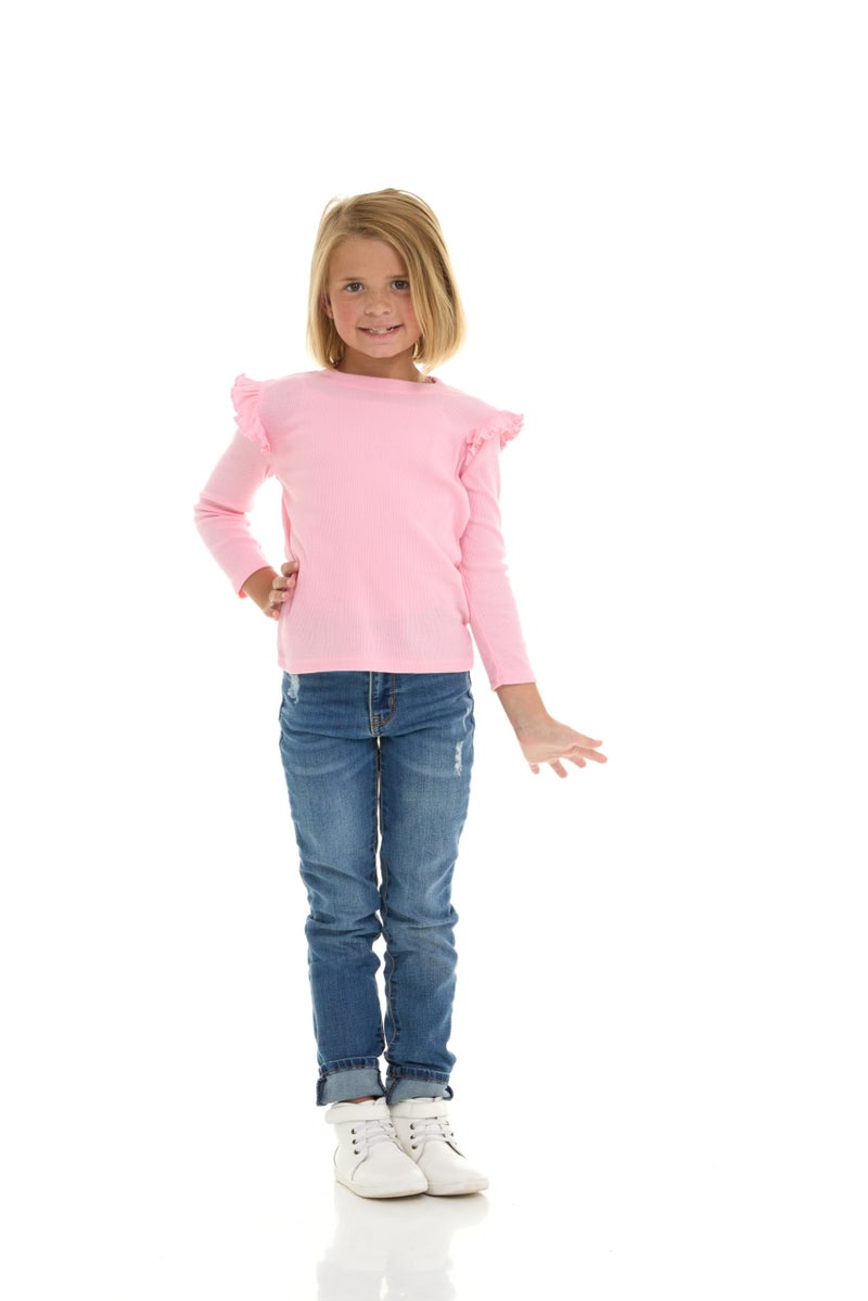 Cudlie 3-Pack Toddler Girls Ribbed Ruffle Tops â€“ Stylish Long Sleeve Shirts for Kids â€“All-Day Comfort-Almond Blossom, Blue Fog, Cameo Green â€“ Size 18 Months - Image 2