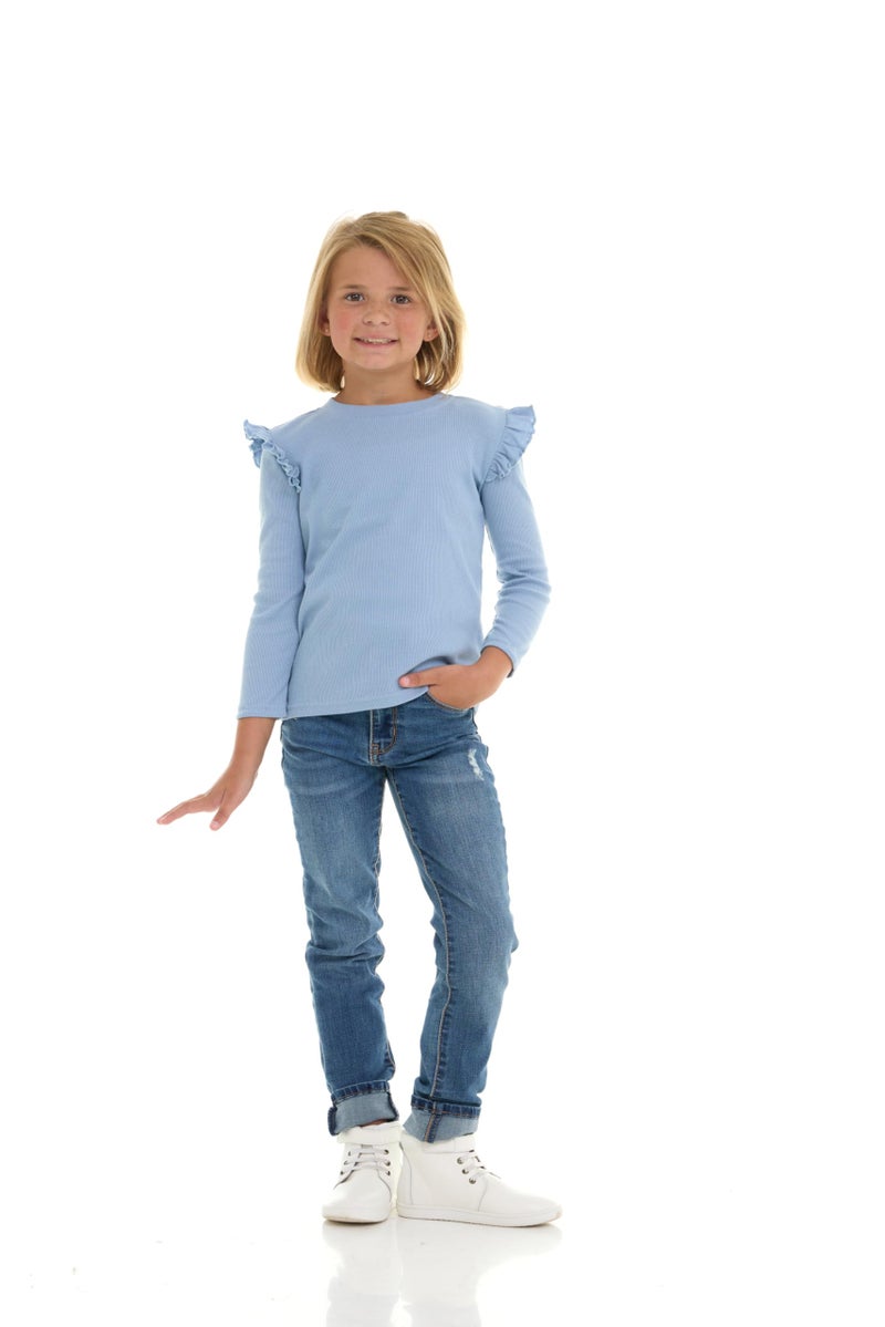 Cudlie 3-Pack Toddler Girls Ribbed Ruffle Tops â€“ Stylish Long Sleeve Shirts for Kids â€“All-Day Comfort-Almond Blossom, Blue Fog, Cameo Green â€“ Size 18 Months - Image 4