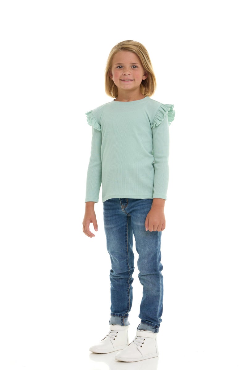 Cudlie 3-Pack Toddler Girls Ribbed Ruffle Tops â€“ Stylish Long Sleeve Shirts for Kids â€“All-Day Comfort-Almond Blossom, Blue Fog, Cameo Green â€“ Size 18 Months - Image 3