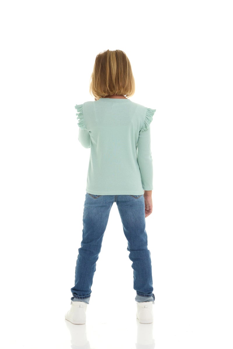 Cudlie 3-Pack Toddler Girls Ribbed Ruffle Tops â€“ Stylish Long Sleeve Shirts for Kids â€“All-Day Comfort-Almond Blossom, Blue Fog, Cameo Green â€“ Size 18 Months - Image 5