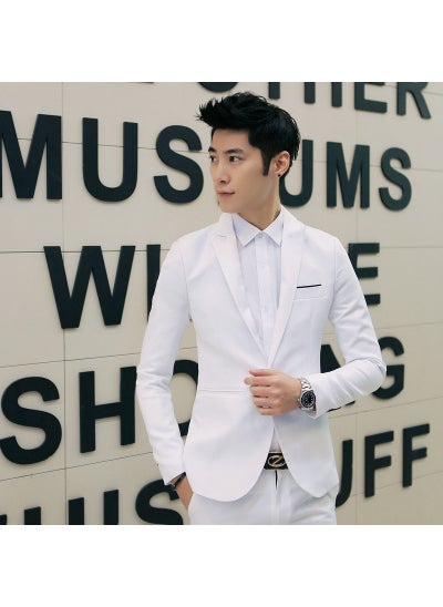 Generic Slim Fit Casual Mens Pure Color Small Suit Korean Style Fashionable Youth Spring Autumn Cotton Blend Long Sleeve Jacket White 