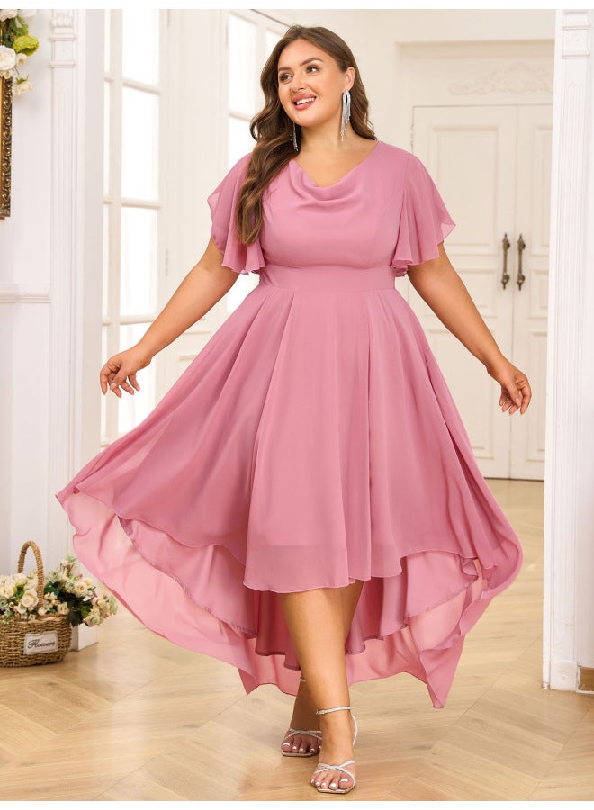 Cross-border Europe And The United States Overlapping Lotus Leaf Sleeve Back Width Olive Front Short Back Long Chiffon Plus Size Ladies Dress Dress 