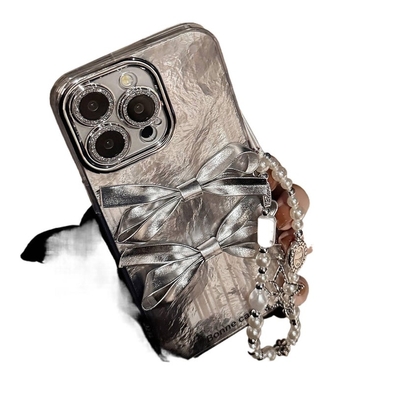 غطاء واقي، PC باللون الفضي تصميم فيونكة، مقاوم للصدمات لـ iPhone 15 / 15 Plus / 15 Pro / 15 Pro Max، Silver للهدايا للاستخدام الشخصي عملي للاستخدام المتكرر - Image 2