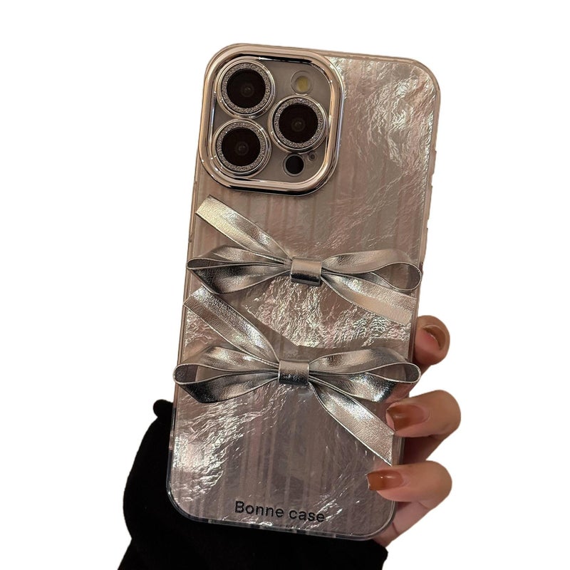 غطاء واقي، PC باللون الفضي تصميم فيونكة، مقاوم للصدمات لـ iPhone 15 / 15 Plus / 15 Pro / 15 Pro Max، Silver للهدايا للاستخدام الشخصي عملي للاستخدام المتكرر - Image 3