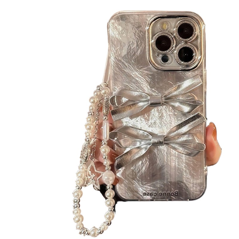 غطاء واقي، PC باللون الفضي تصميم فيونكة، مقاوم للصدمات لـ iPhone 15 / 15 Plus / 15 Pro / 15 Pro Max، Silver للهدايا للاستخدام الشخصي عملي للاستخدام المتكرر - Image 1