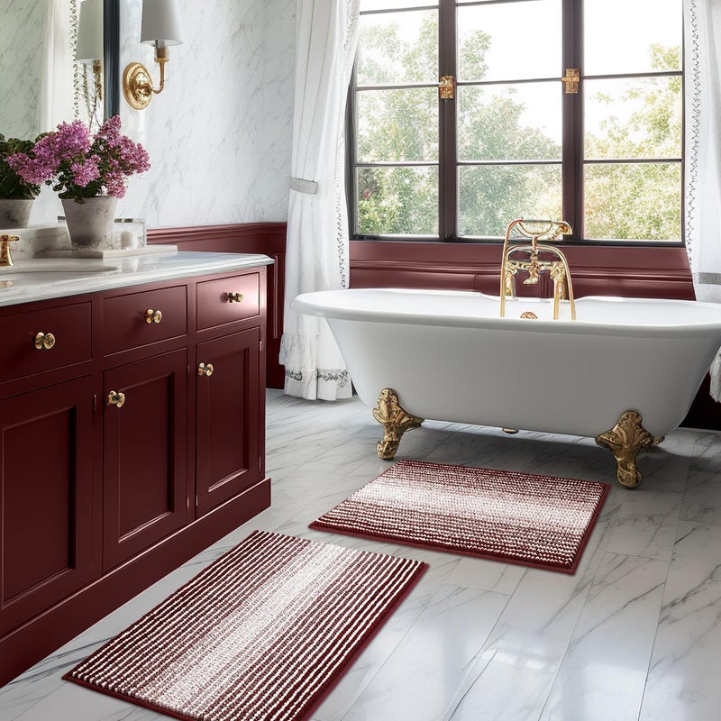 BSICPRO Bathroom Rugs and Mats Sets, 2 Piece Thick Absorbent Chenille Bath Mat Rug Set Non Slip, Soft Shaggy Bath Room Floor Mats for Bathroom, Machine Washable (Burgundy Red, 20" x 32" Plus 16" x 24") - Image 1