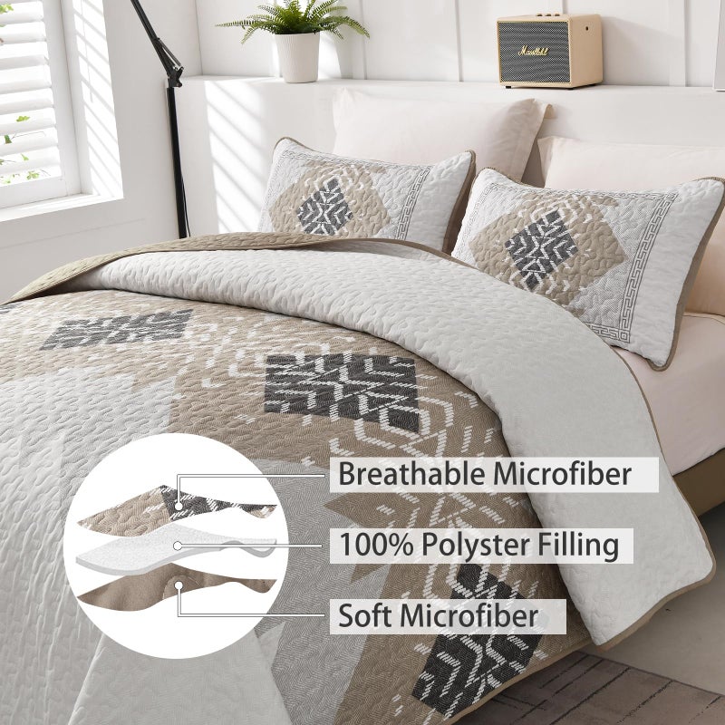 Dintszyayue Brown Boho Quilt Set King,3 Pieces Aztec Texture Quilt with 2 Pillowcases,Bohemian Geometric Bedspread Bedding Set Microfiber Quilted Coverlet Set for All Seasons King Size(90"Ã—103") - Image 3