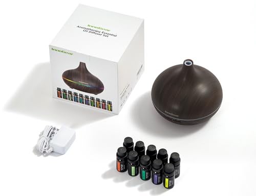 InnoGear Aromatherapy Diffuser & 10 Essential Oils Set, 400ml Diffuser Ultrasonic Diffuser Cool Mist Humidifier with 4 Timers 7 Colors Light Waterless Auto Off for Large Room Office, Dark Wood Grain - Image 5
