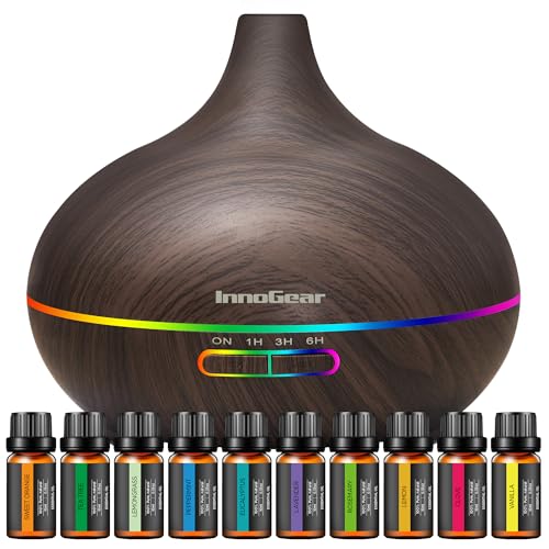 InnoGear Aromatherapy Diffuser & 10 Essential Oils Set, 400ml Diffuser Ultrasonic Diffuser Cool Mist Humidifier with 4 Timers 7 Colors Light Waterless Auto Off for Large Room Office, Dark Wood Grain - Image 1