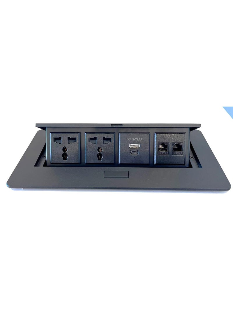 AUDIOVAN - Audiovan Hydraulic Cable Cubby Pop Up Conference Box Cable Manager Socket Electrical Box with 2 Power Socket 2LAN 2USB Certified Black - Image 1