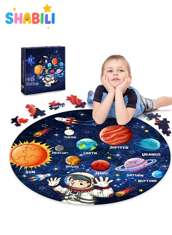 SHABILI Glow in the Dark Solar System Round Jigsaw Puzzle for Kids Ages 3-8, 71 Pieces Large Floor Educational Space and Planet Toy Made of Sturdy Cardboard, Montessori Learning Gift for Boys and Girls - Image 1