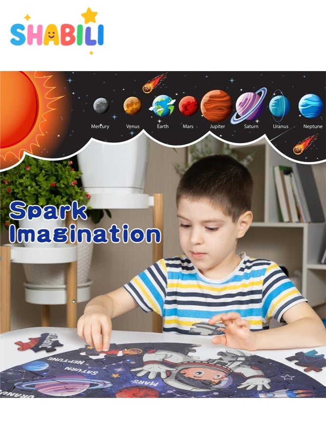 SHABILI Glow in the Dark Solar System Round Jigsaw Puzzle for Kids Ages 3-8, 71 Pieces Large Floor Educational Space and Planet Toy Made of Sturdy Cardboard, Montessori Learning Gift for Boys and Girls - Image 3