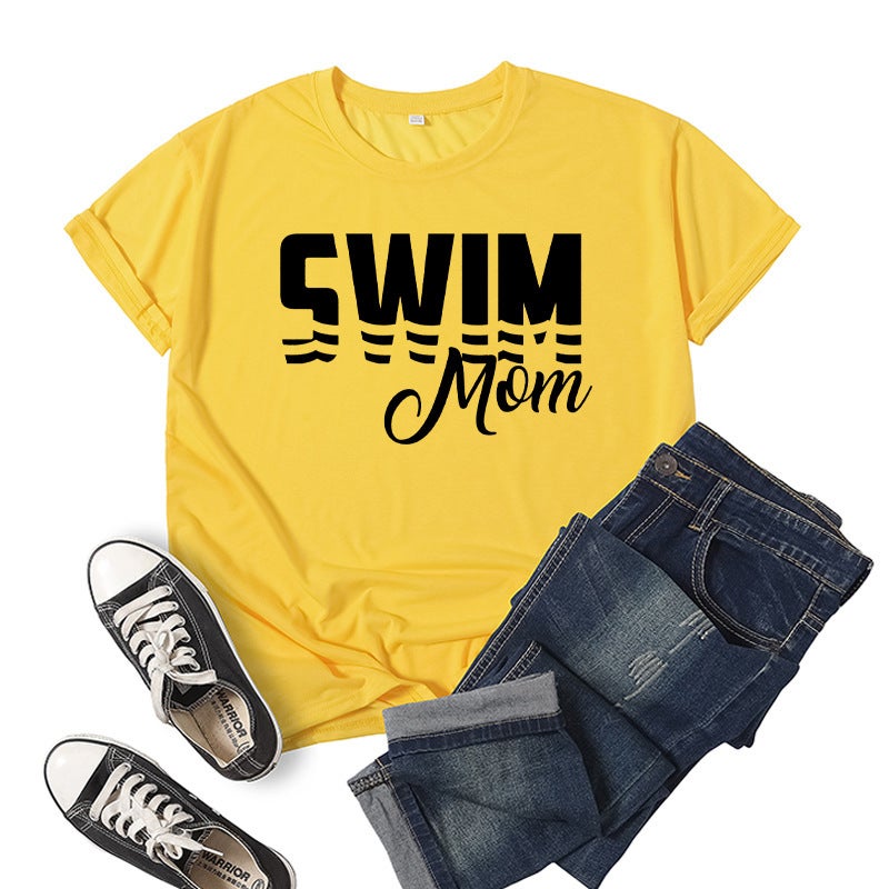 Foreign Trade Cross-border Swimming Mom Swim Mom Printed Short-sleeved Round Neck T-shirt European and American Mens and Womens Top Loose Casual Yellow 