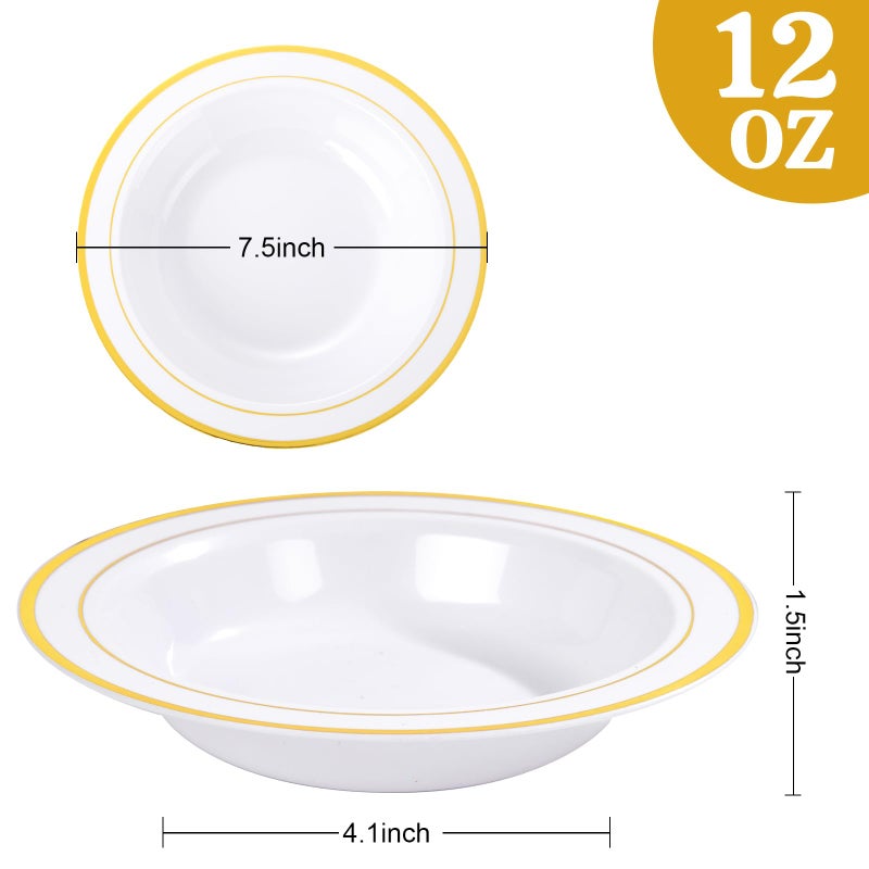 bUCLA 60 Pack Plastic Bowls with Gold Rim - 12 oz Plastic Soup Bowls Disposable for Wedding, Party, Gathering & Thanksgiving - Image 2