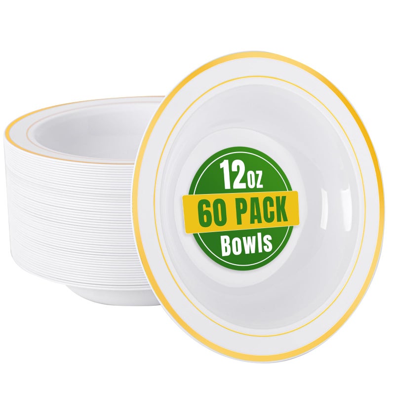 bUCLA 60 Pack Plastic Bowls with Gold Rim - 12 oz Plastic Soup Bowls Disposable for Wedding, Party, Gathering & Thanksgiving - Image 1