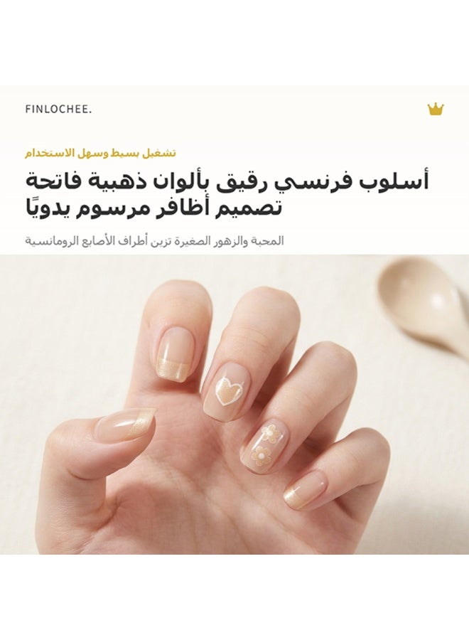 finlochee. أظافر مُلصقة بالضغط باللون الوردي العاري اللامع بتصميم قلب وزهور ذهبية، شكل مربع دائري قصير مغلق كامل، أظافر كاذبة مع لصق صلب مقاومة للماء وقابلة لإعادة الاستخدام، مصنوعة من مادة ABS الصافية غير ضارة وبطول العمر، للارتداء اليومي والمكتب وعيد الفطر والزفاف والصالونات للنساء، 30 قطعة - Image 3